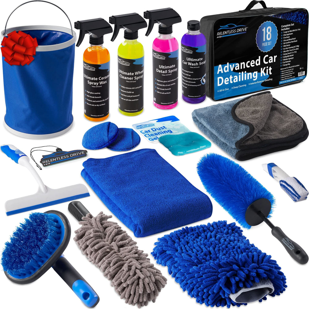 Relentless Drive Car Detailing Kit (18pc) - Car Cleaning Kit - Car Wash Kit  - Complete Car Wash Kit with Bucket for Perfect Car Wash | Interior Car