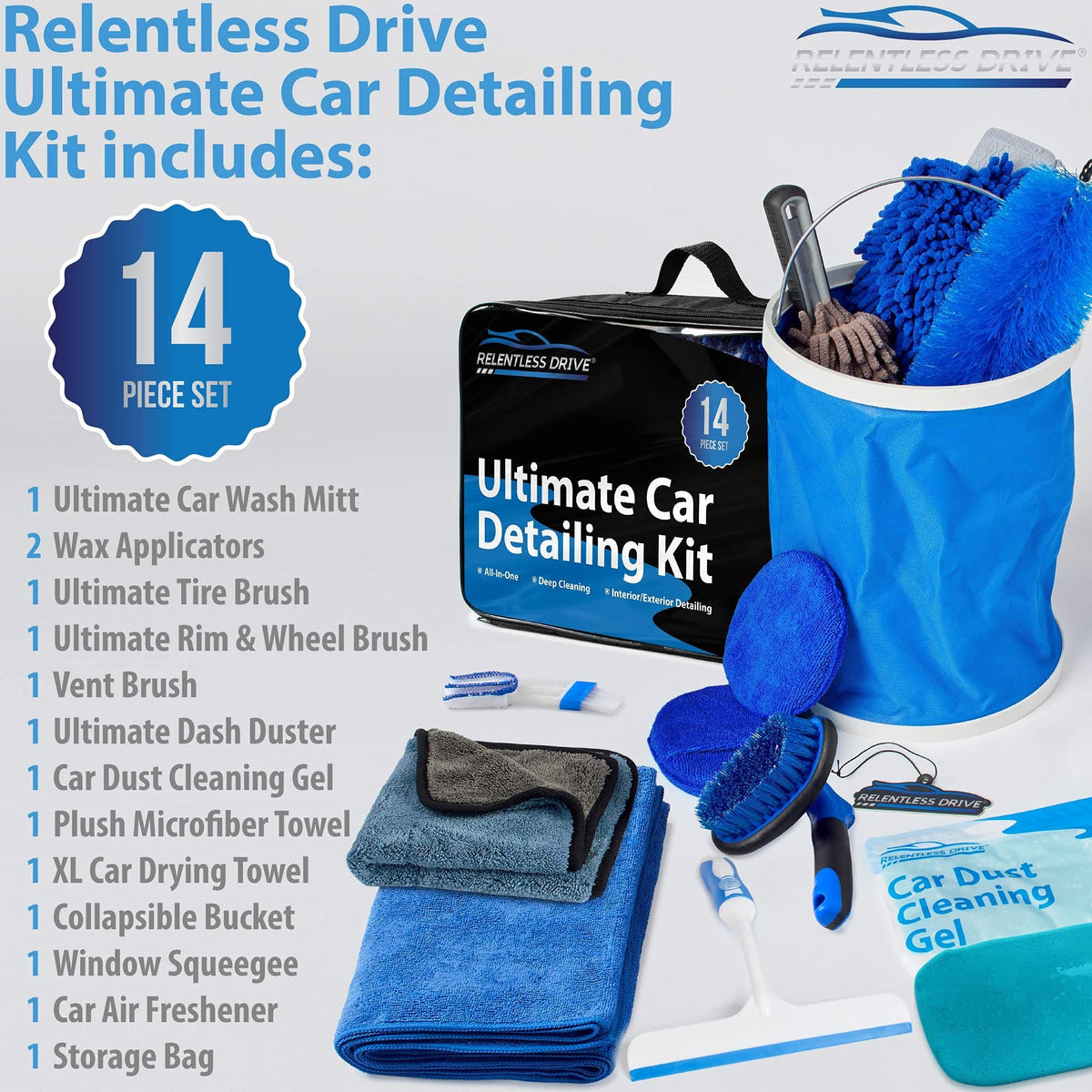 Relentless Drive Car Detailing Kit (18pc) - Car Cleaning Kit - Car Wash Kit  - Complete Car Wash Kit with Bucket for Perfect Car Wash | Interior Car