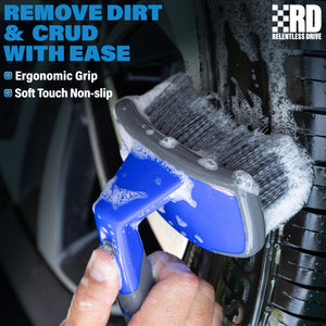 Relentless Drive Ergonomic Tire Brush - Car Wheel Brush for Tire Shine Application - Heavy Duty Bristles & Curved Head for Easy Use