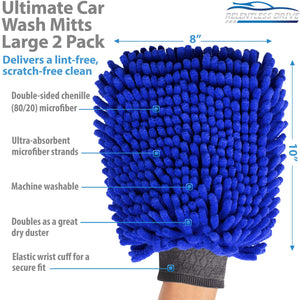 Relentless Drive Car Wash Mitt & Works as Car Wash Sponge, Chenille Microfiber Wash Mitt Scratch Free, Ultra Absorbent Microfiber Mitt for Cars, Trucks, SUV, Boat & Motorcycle (2 Pack, Large)