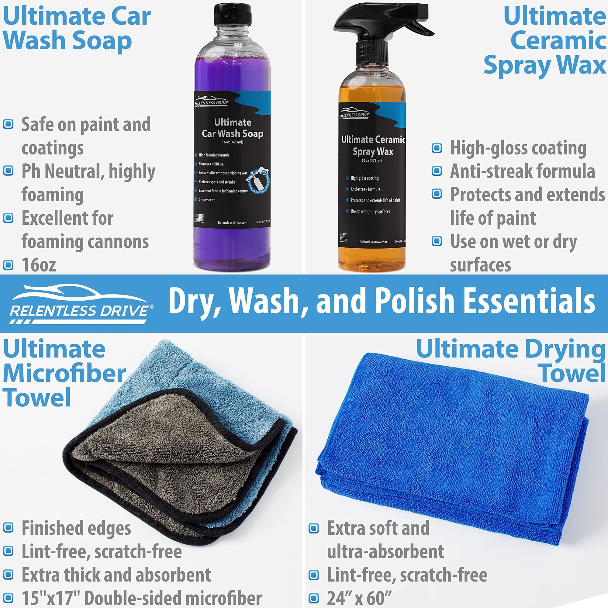Relentless Drive Car Detailing Kit - Car Wash Kit, Car Cleaning Kit, Car Washing Kit, Car Detailing Supplies, Car Detailing Kit Interior Cleaner, Car