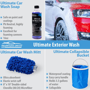 Relentless Drive Microfiber Bug Sponge Relentless Drive 16-Piece Car Wash Kit with Car Wash Soap & Car Wax - Car Care Kit for Exterior Car Cleaner & Car Interior Cleaner - Ultimate Car Detailing Kit Designed to Last & Safe for All Surfaces