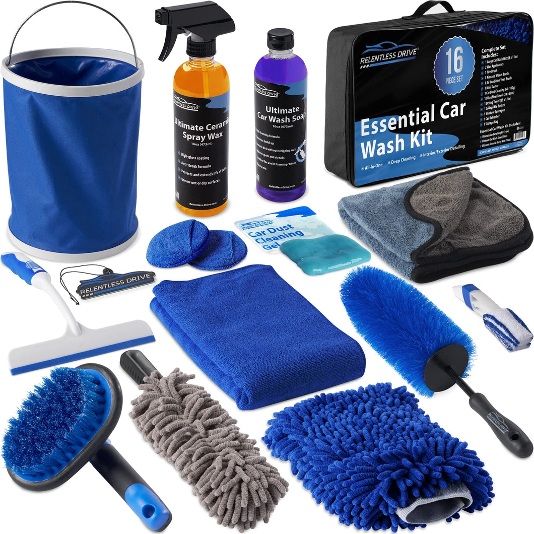 Relentless Drive Microfiber Bug Sponge Relentless Drive 16-Piece Car Wash Kit with Car Wash Soap & Car Wax - Car Care Kit for Exterior Car Cleaner & Car Interior Cleaner - Ultimate Car Detailing Kit Designed to Last & Safe for All Surfaces