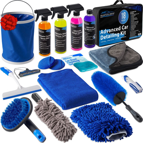Relentless Drive Microfiber Bug Sponge Relentless Drive Car Detailing Kit (18pc) - Car Cleaning Kit - Car Wash Kit - Complete Car Wash Kit with Bucket for Perfect Car Wash | Interior Car Cleaner and Wheel Cleaner