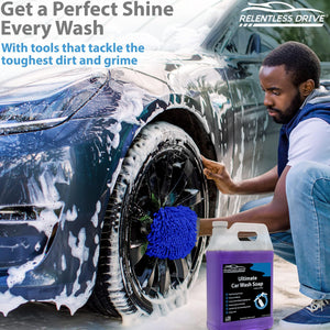 Relentless Drive Microfiber Bug Sponge Relentless Drive Car Wash Soap Kit (Gallon) - PH Neutral Foam Cannon Car Soap w/Car Wash Mitt - Ultra Foamy Car Shampoo
