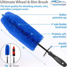 Load image into Gallery viewer, Relentless Drive Car Wheel Brush Car Wheel Brush 18” Long x 4” Wide, Wheel and Tire Cleaner Brush, Easy Reach Wheel &amp; Tire, Rim Brush for Cars, Trucks, Spokes, Barrels, Brake Calipers, Scratch–Free Brush from Relentless Drive