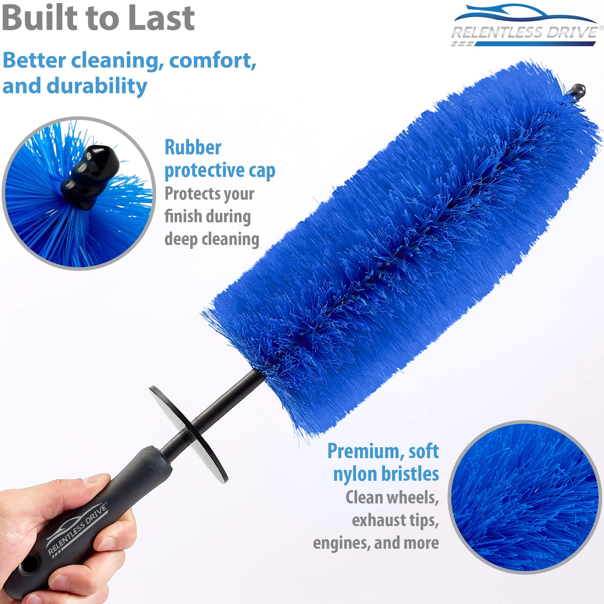 oesee Professional 4 Pack Long Handle Wheel Brush Kit for Cleaning Wheel and Tire- 2x Soft Wheel Cleaning Brush, Detailing Brush and Stiff Tire