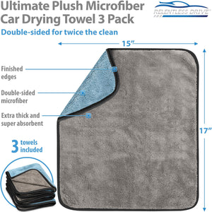 Relentless Drive Microfiber Towels for Cars 15” x 17” (GSM 600 - 3 Pack) Lint and Scratch Free Car Drying Towel, Extra Thick Microfiber Car Towels - Drying Towels for Cars, Trucks, SUV, RV & Boat