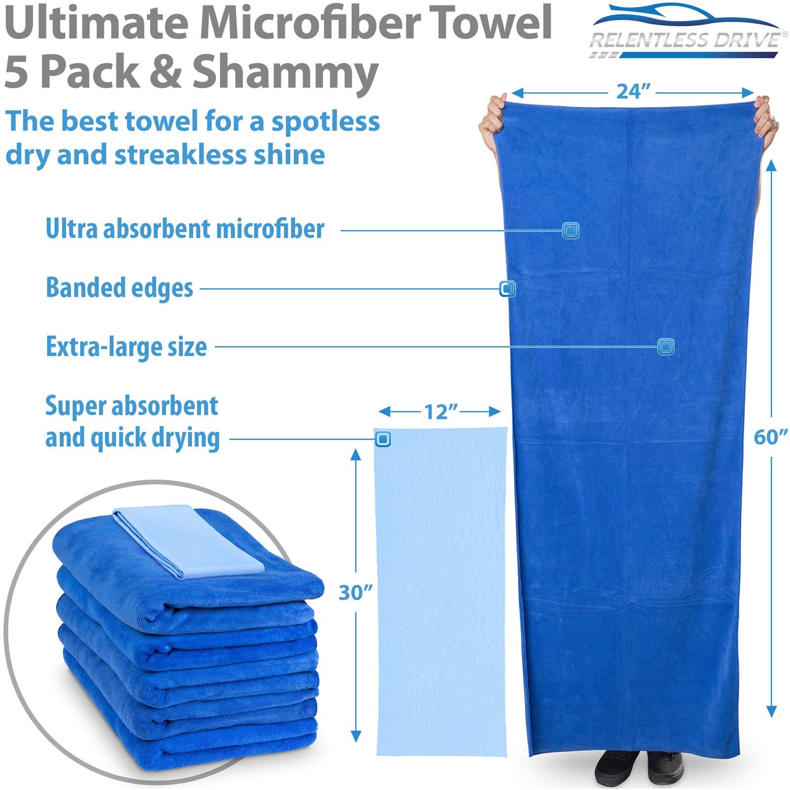 5 Pack - Neighbors Envy XL Microfiber Towels - Extra Large 24 x 60 inch Auto 